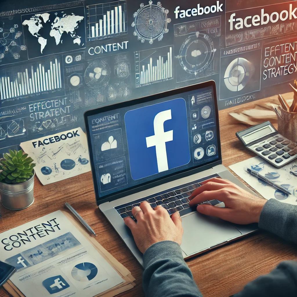 Seorang manajer media sosial duduk di meja, merencanakan konten di laptop dengan logo Facebook yang terlihat jelas. Latar belakang menunjukkan grafik, catatan, dan kalender. Gambar ini menyampaikan ide pembuatan dan perencanaan strategi konten yang efektif untuk halaman Facebook