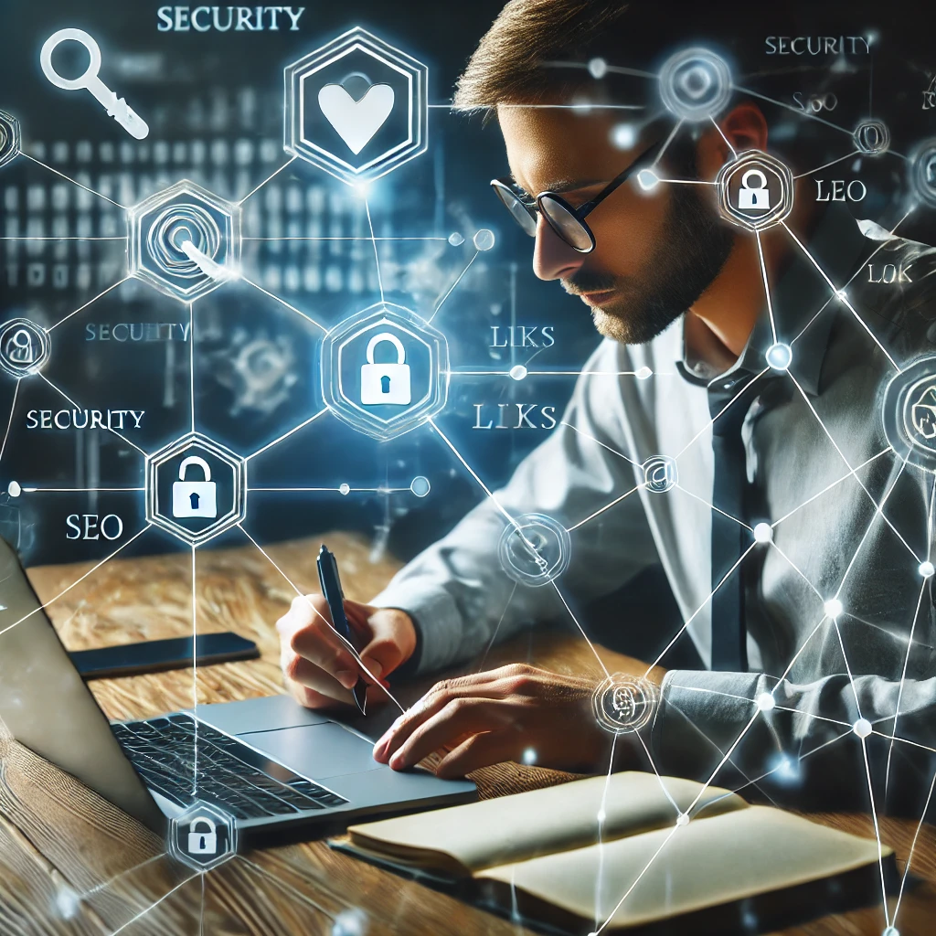 Seorang digital marketer duduk di meja, bekerja dengan laptop dan buku catatan, dikelilingi oleh diagram jaringan terhubung dan ikon link. Latar belakang mencakup simbol-simbol keamanan dan link. Gambar ini menyampaikan konsep strategi link building yang aman dalam SEO