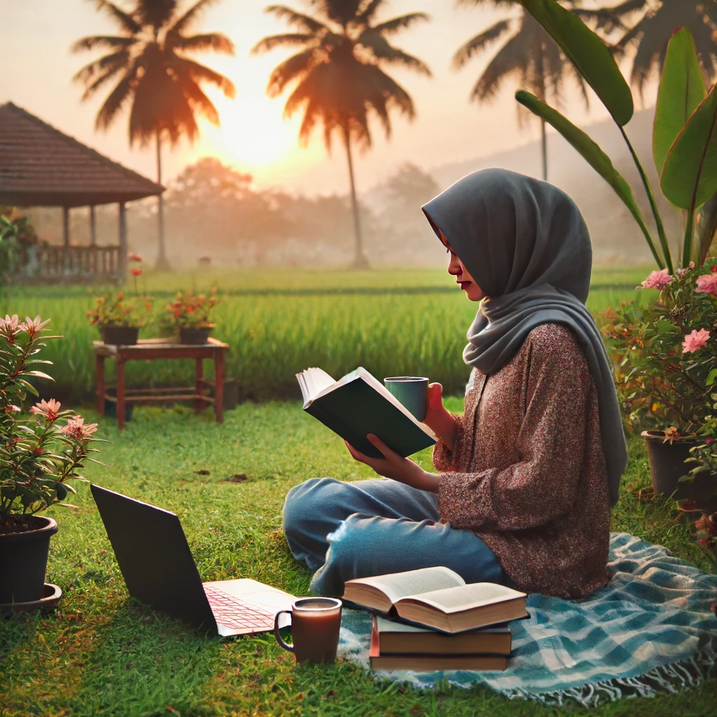 Seorang wanita duduk di taman dengan buku terbuka di pangkuannya, dikelilingi oleh tanaman hijau dan bunga. Di sebelahnya ada laptop dan secangkir kopi. Wajahnya menunjukkan ekspresi fokus dan semangat belajar. Latar belakang menampilkan matahari terbit dengan cahaya lembut, menciptakan suasana damai dan inspiratif. Pemandangan ini menggambarkan dedikasi untuk mengembangkan diri secara berkelanjutan
