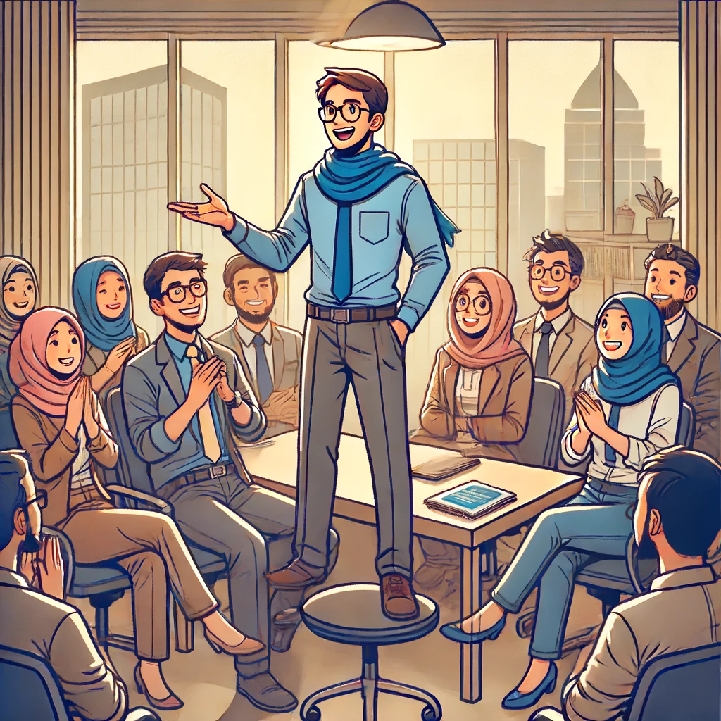 Seorang karyawan sedang berbicara dengan percaya diri di depan rekan-rekannya di ruang pertemuan kantor. Ia berdiri dengan sikap tegak dan senyum lebar, sementara rekan-rekannya mendengarkan dengan penuh perhatian dan beberapa memberikan tepuk tangan. Latar belakangnya adalah ruangan kantor modern dengan jendela besar yang memperlihatkan pemandangan kota. Suasana ruangan penuh semangat dan dukungan