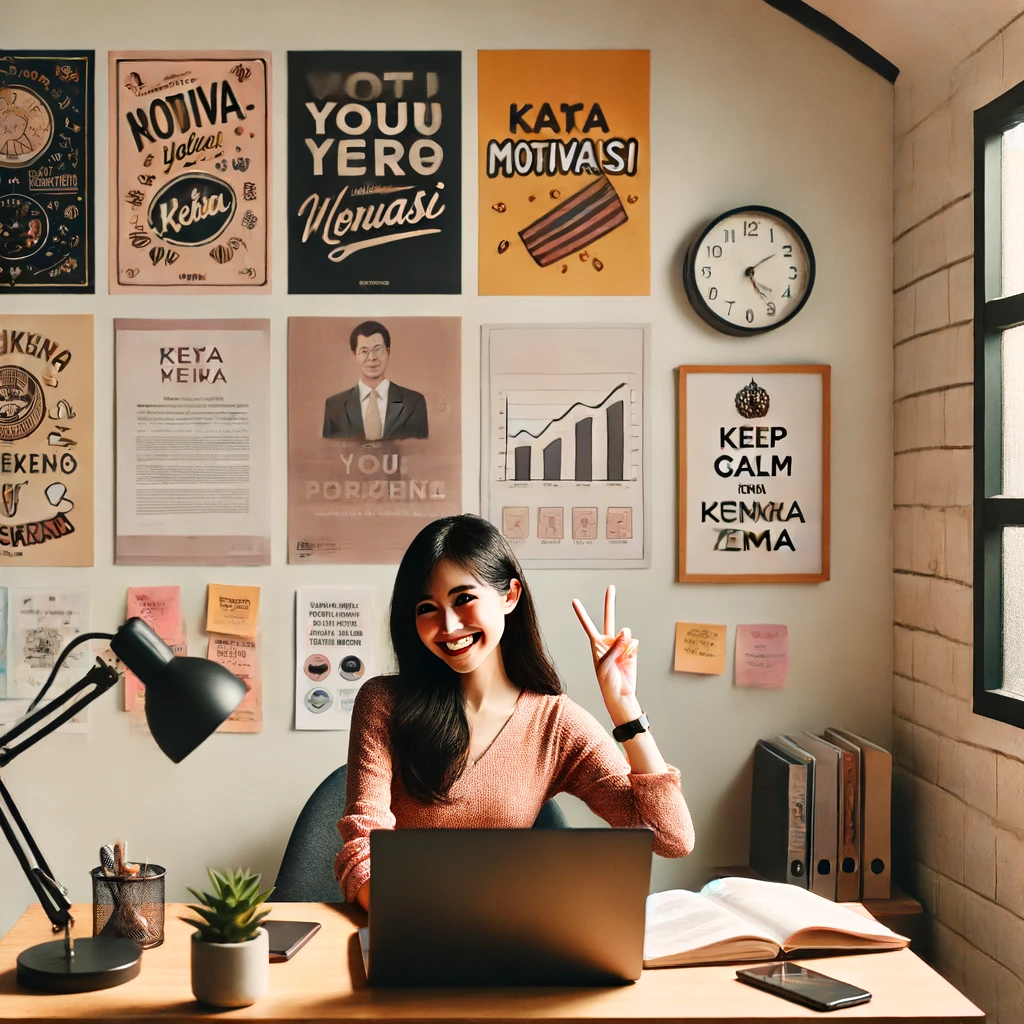 Seorang wanita sedang duduk di meja kerja, tersenyum sambil melihat laptop dengan catatan dan buku motivasi di sekitarnya. Di latar belakang terdapat papan visi dengan berbagai gambar dan kata-kata motivasi. Ruangan terang dengan jendela besar yang memancarkan cahaya matahari, memberikan kesan semangat dan produktivitas. Wanita tersebut mengenakan pakaian kasual yang nyaman dan terlihat penuh energi serta motivasi