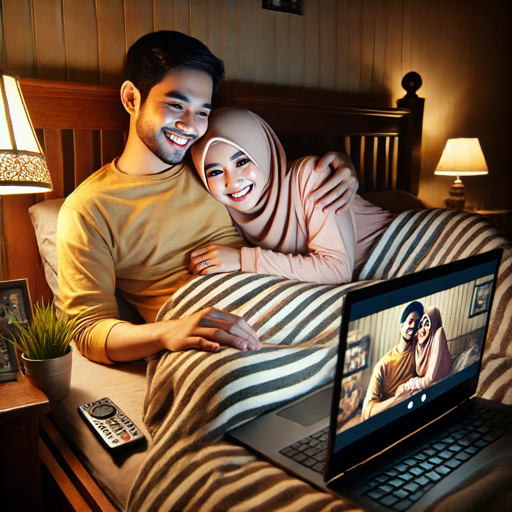 Sepasang kekasih sedang melakukan panggilan video di laptop mereka, tersenyum dengan latar belakang kamar yang nyaman. Mereka duduk di tempat tidur masing-masing, dikelilingi oleh dekorasi pribadi seperti foto, bunga, dan lampu hias. Suasana hangat dan penuh cinta, menunjukkan kebahagiaan dan kehangatan meskipun terpisah oleh jarak