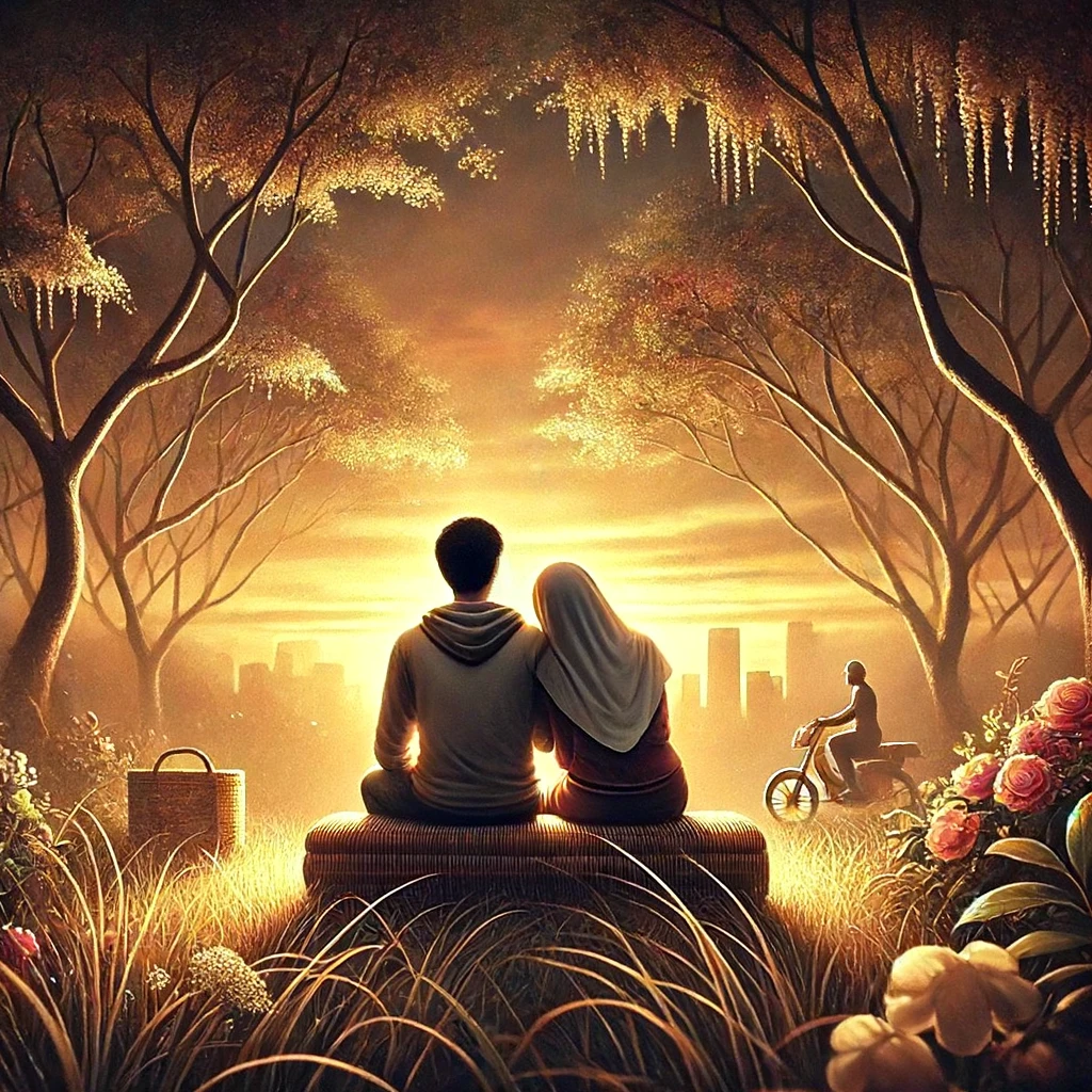 Pasangan yang sedang menikmati waktu bersama di sebuah taman yang indah, duduk di bangku taman, tersenyum satu sama lain, dan dikelilingi oleh bunga-bunga berwarna-warni. Cahaya matahari senja menambah suasana romantis. Pasangan tersebut tampak bahagia dan penuh cinta, menciptakan momen yang manis dan harmonis