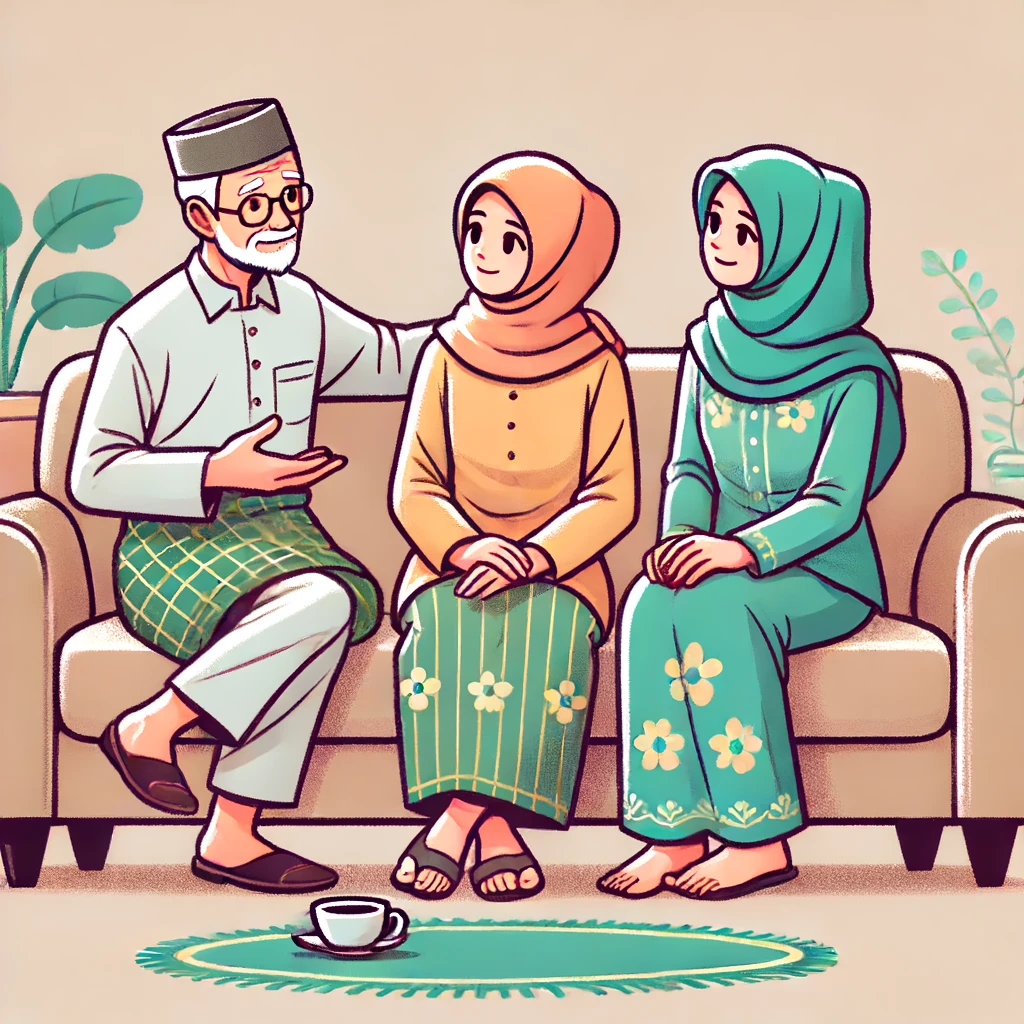Seorang pria dan wanita sedang berbincang dengan orang tua pasangan mereka di ruang tamu yang nyaman. Semua orang tersenyum dan terlibat dalam percakapan hangat. Orang tua duduk di sofa, sementara pasangan muda duduk berseberangan, menunjukkan kesan hormat dan perhatian. Ruang tamu dihiasi tanaman hijau dan lukisan di dinding, menciptakan suasana harmonis dan ramah