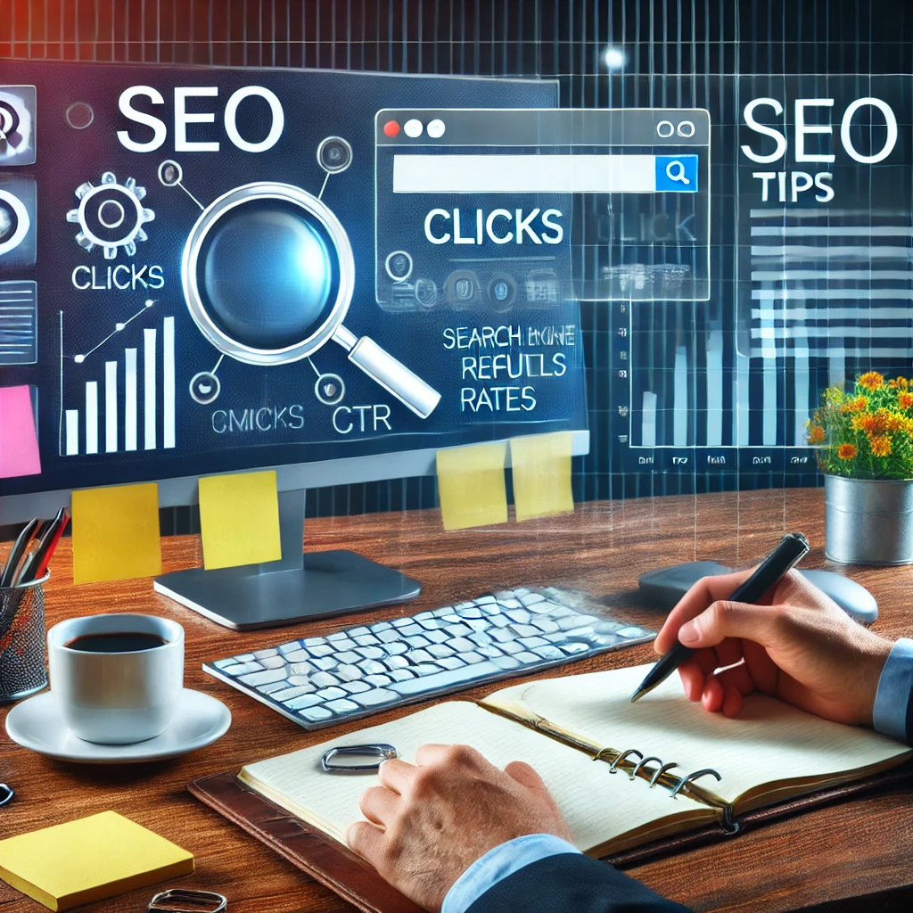 Seorang digital marketer bekerja di meja, memeriksa layar komputer dengan grafik, diagram, dan halaman hasil mesin pencari (SERP) yang disorot. Adegan termasuk catatan tempel dan buku catatan dengan tips SEO. Latar belakang menunjukkan ikon yang mewakili klik, keterlibatan, dan peringkat. Gambar ini menyampaikan strategi untuk meningkatkan rasio klik-tayang (CTR) di halaman hasil mesin pencari