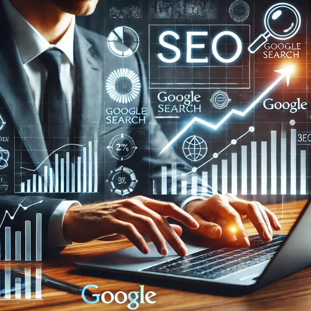 Seorang profesional bisnis bekerja dengan laptop, menampilkan grafik dan diagram yang menunjukkan metrik yang meningkat. Latar belakang mencakup ikon SEO, pencarian Google, dan panah yang mengarah ke atas melambangkan pertumbuhan peringkat mesin pencari