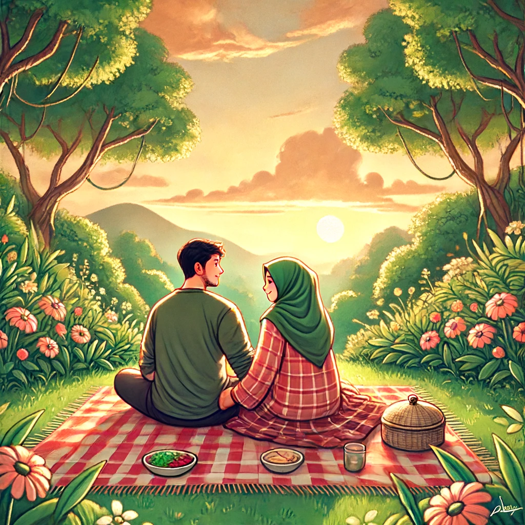 Sepasang kekasih sedang duduk di sebuah taman yang indah, tersenyum satu sama lain dengan penuh kasih sayang. Mereka duduk di atas selimut piknik dengan latar belakang pepohonan hijau, bunga-bunga bermekaran, dan matahari bersinar terang. Mereka saling berpegangan tangan, menikmati suasana romantis dan penuh kebahagiaan. Ada keranjang piknik dengan makanan dan minuman di dekat mereka, menunjukkan momen kebersamaan yang intim dan menyenangkan