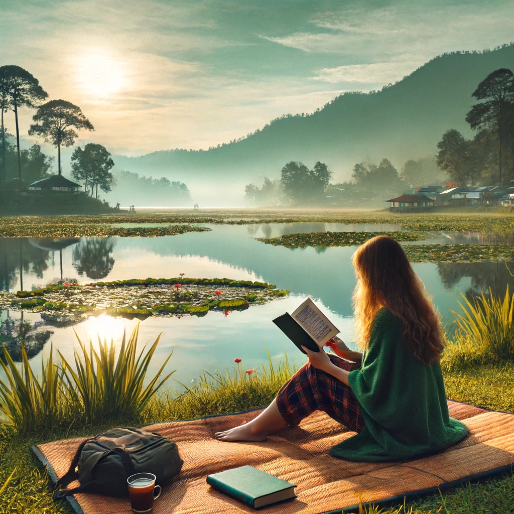 Seorang wanita duduk di tepi danau, dikelilingi oleh alam indah dengan pepohonan hijau dan bunga-bunga. Dia memegang buku dan terlihat santai sambil menikmati pemandangan. Di sekitarnya, terlihat peralatan yoga dan secangkir teh di atas tikar piknik. Langit cerah dan suasana tenang mencerminkan keseimbangan hidup antara aktivitas fisik, relaksasi, dan alam