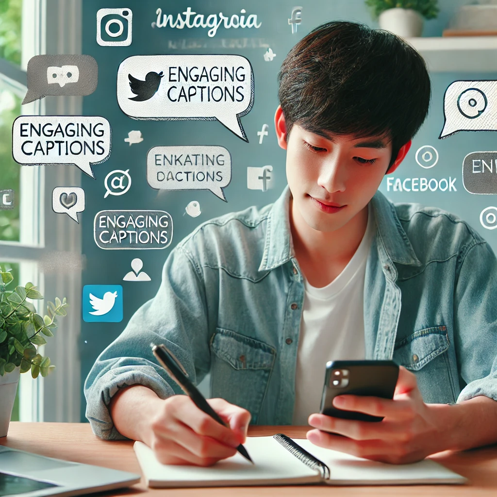 Seorang kreator konten muda duduk di meja, menulis di notepad dan menggunakan smartphone. Latar belakang menunjukkan berbagai platform media sosial seperti Instagram, Twitter, dan Facebook, dengan ikon gelembung percakapan dan teks. Gambar ini menyampaikan ide menulis caption yang menarik untuk postingan media sosial