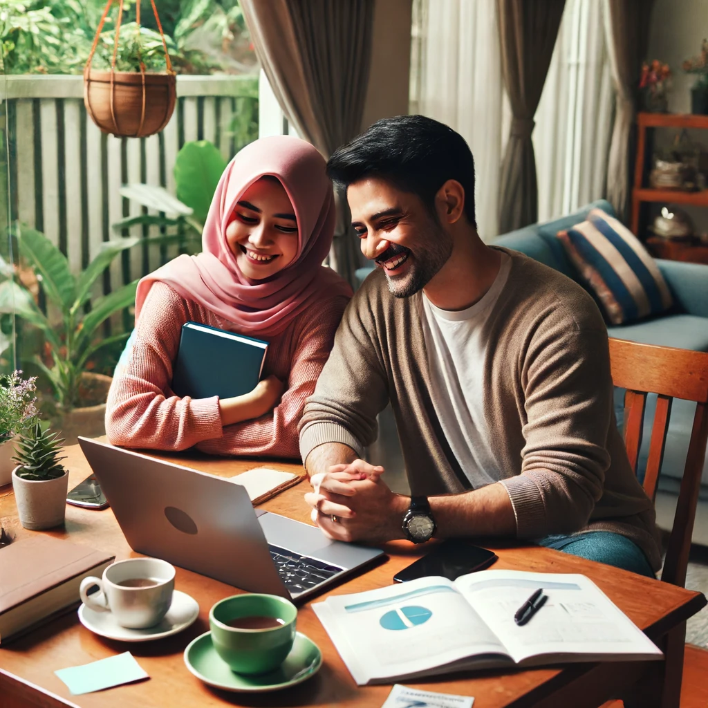 Pasangan muda duduk bersama di meja dengan laptop dan buku catatan, berdiskusi tentang rencana masa depan mereka. Di latar belakang terlihat rumah yang nyaman dan suasana hangat. Pasangan ini tersenyum dan terlihat antusias, menunjukkan kebersamaan dan optimisme dalam merencanakan masa depan. Di meja terdapat secangkir kopi dan beberapa dokumen perencanaan