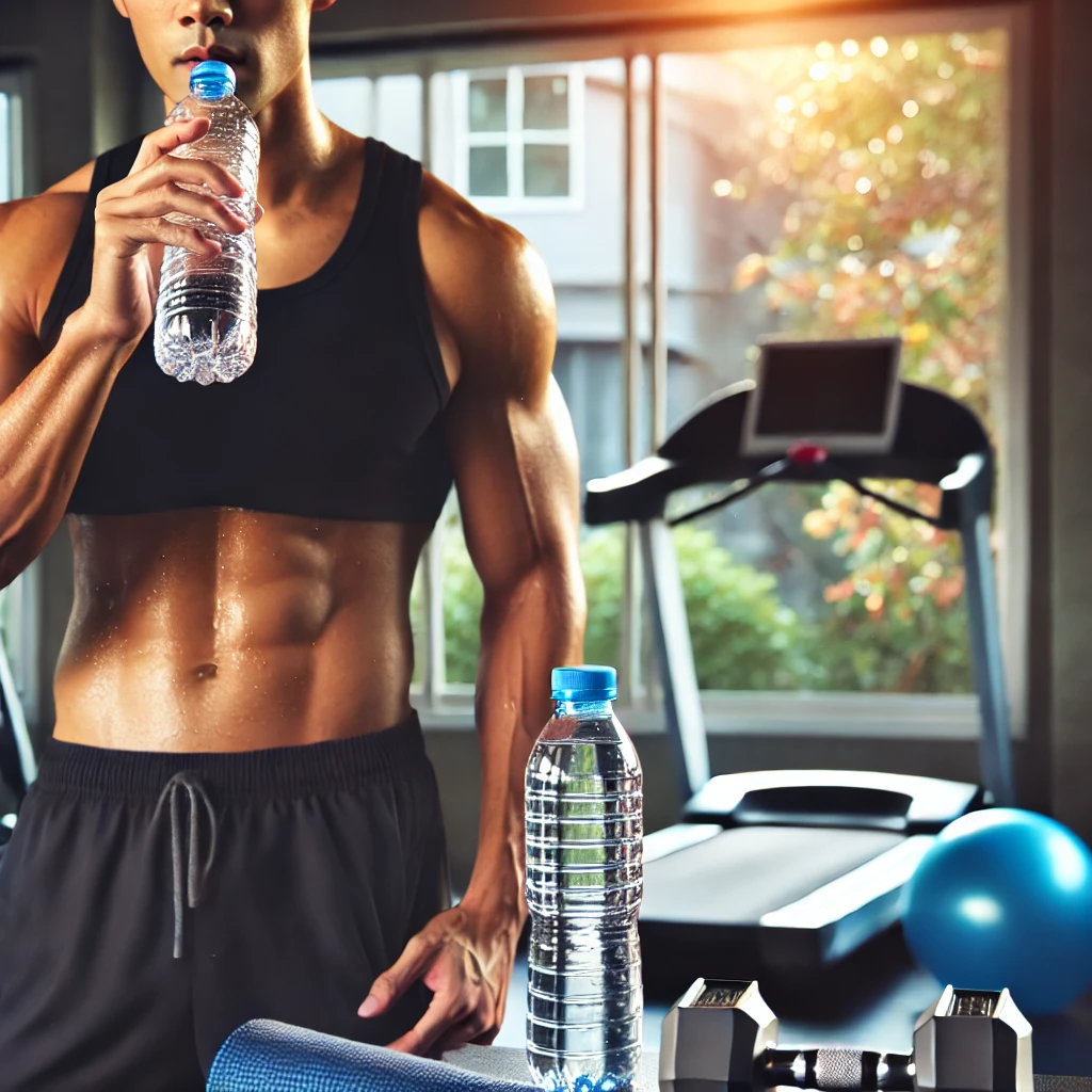 Seorang atlet minum air dari botol saat istirahat selama sesi latihan. Latar belakang mencakup peralatan kebugaran seperti dumbel, matras yoga, dan treadmill. Gambar ini menyampaikan pentingnya menjaga hidrasi selama berolahraga
