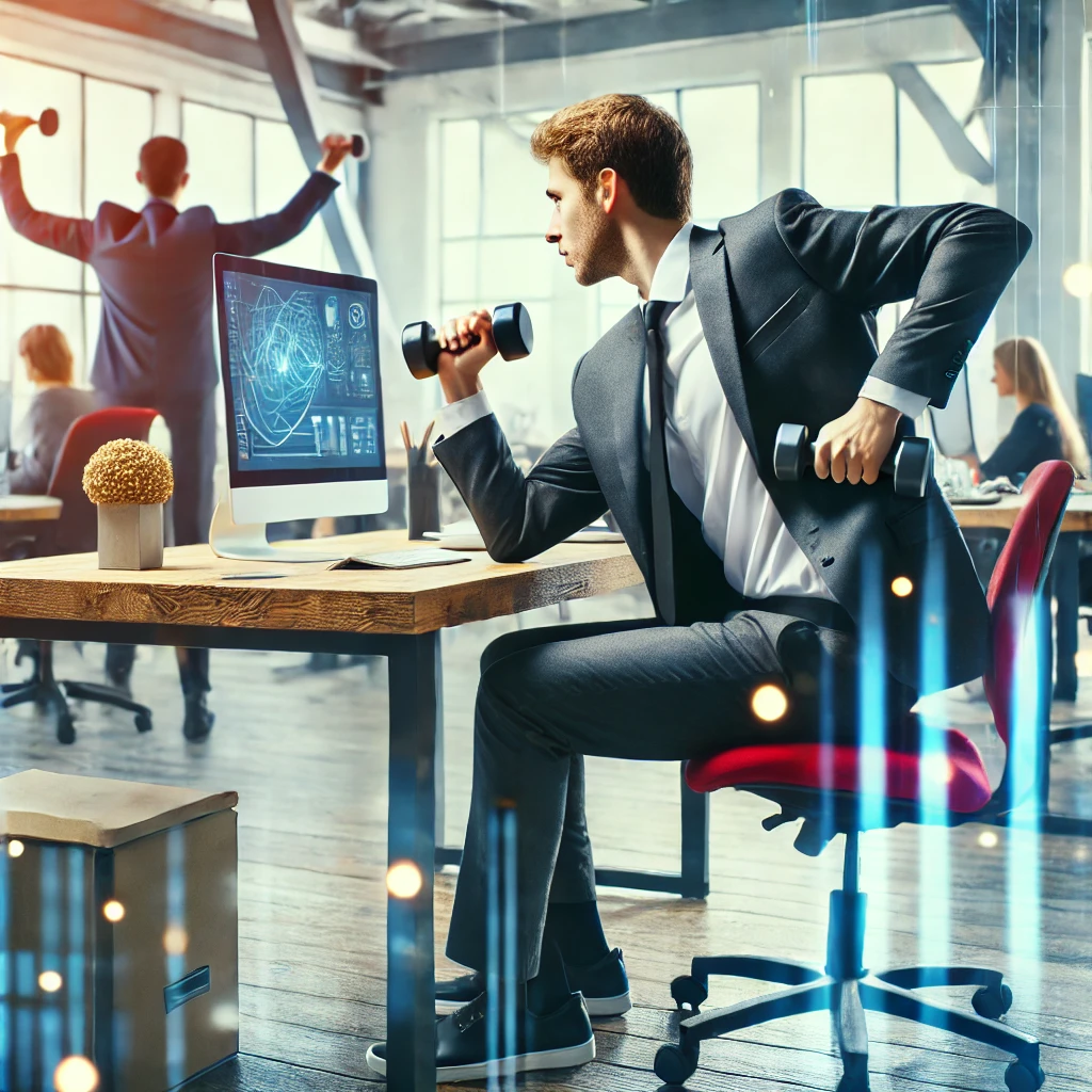 Seorang pekerja kantor sedang melakukan latihan ringan di mejanya, seperti peregangan atau menggunakan dumbel kecil. Latar belakang menunjukkan suasana kantor dengan meja, komputer, dan rekan kerja. Gambar ini menyampaikan ide mengintegrasikan aktivitas fisik ke dalam hari kerja