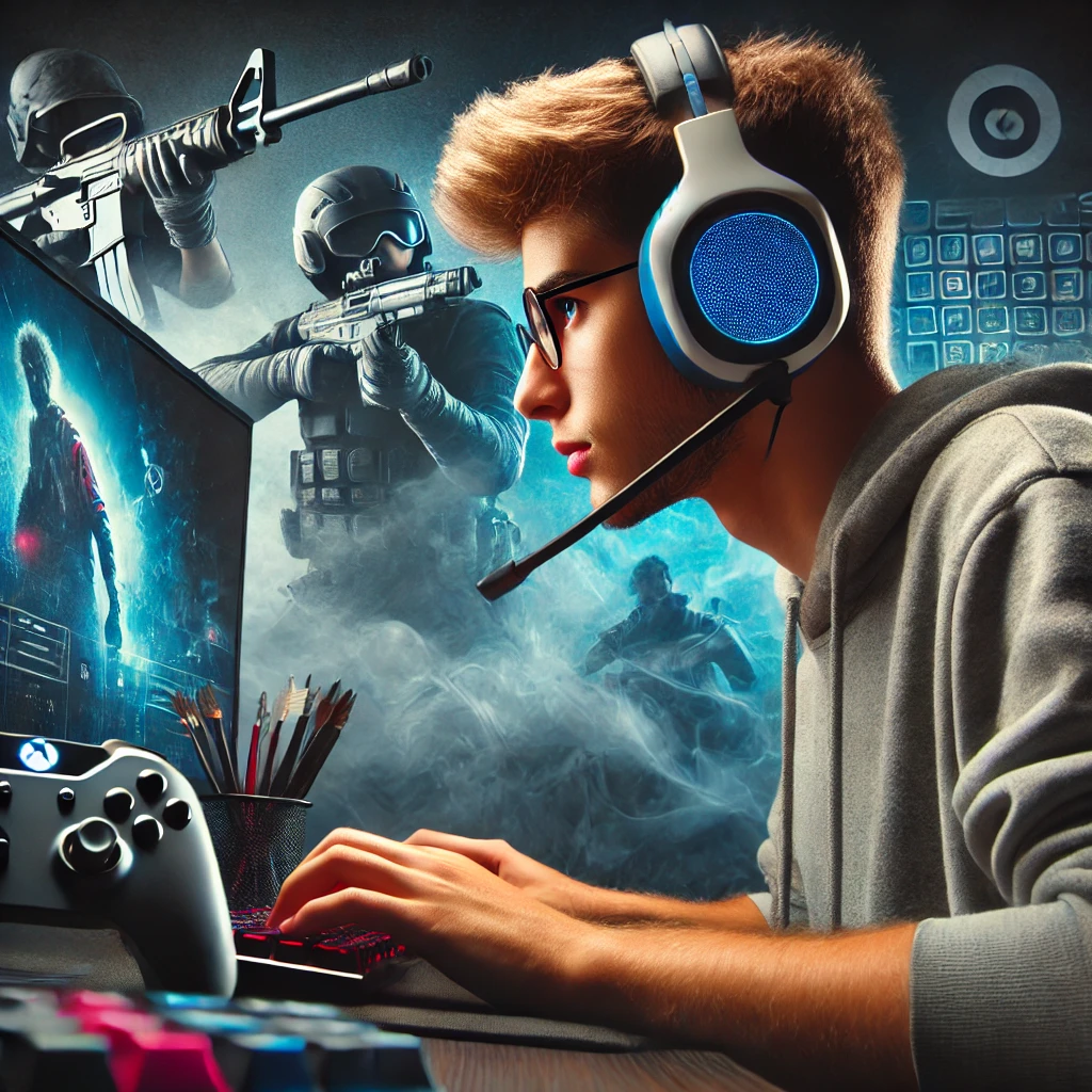 Seorang atlet esports muda mengenakan headset gaming, fokus pada layar komputer saat bermain game. Latar belakang mencakup elemen-elemen dari game esports populer seperti kontroler, keyboard, dan logo game. Gambar ini menyampaikan sifat kompetitif dan dinamis dari esports dan atletnya