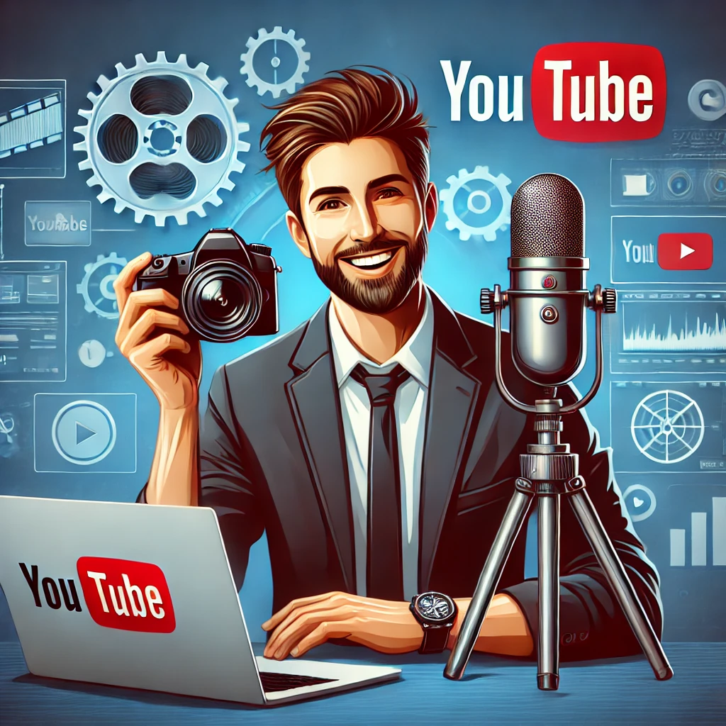Seorang vlogger memegang kamera dan mikrofon, duduk di depan laptop dengan logo YouTube di layar. Latar belakang mencakup berbagai ikon yang terkait dengan pembuatan video, perangkat lunak pengeditan, dan platform media sosial. Gambar ini menyampaikan dunia vlogging dan YouTubing yang dinamis dan kreatif