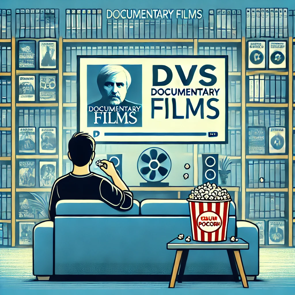 Seseorang duduk di sofa dengan semangkuk popcorn, menonton film dokumenter di layar besar. Latar belakang menunjukkan rak dengan DVD dan poster film. Gambar ini menyampaikan kegembiraan dan minat dalam menonton film dokumenter