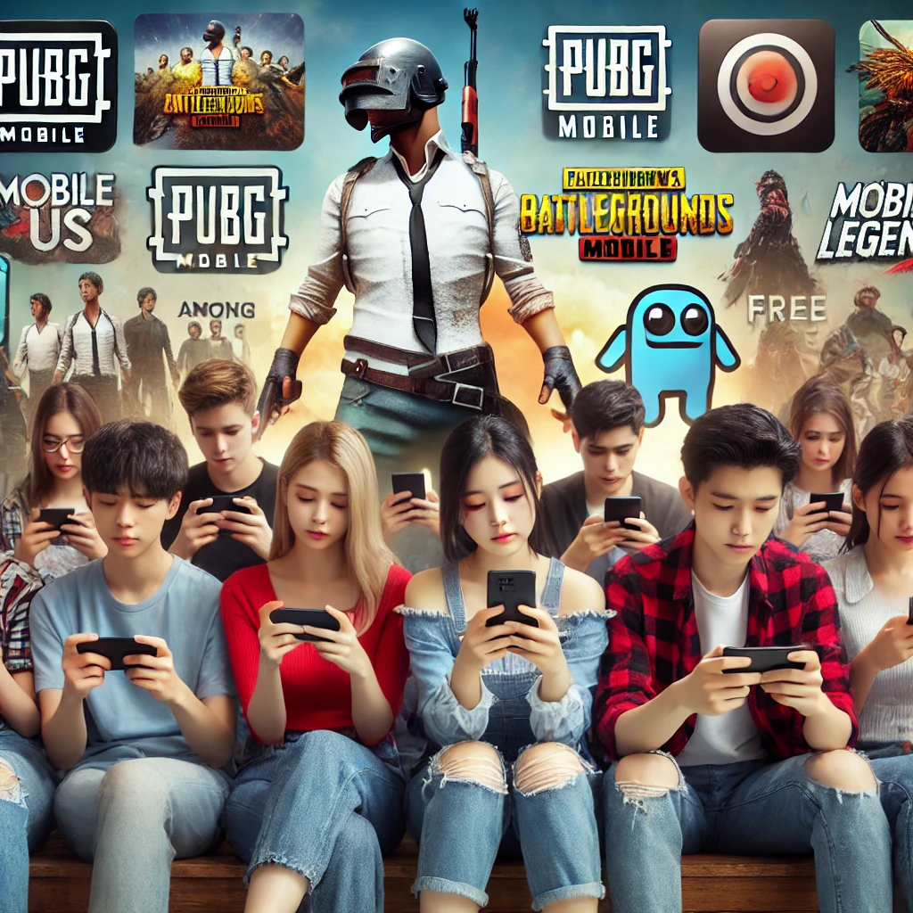 Sekelompok anak muda duduk bersama, masing-masing asyik dengan smartphone mereka memainkan berbagai game mobile populer. Latar belakang menunjukkan ikon-ikon game mobile terkenal seperti PUBG Mobile, Among Us, Mobile Legends, dan Free Fire. Gambar ini menyampaikan keseruan dan popularitas game mobile saat ini