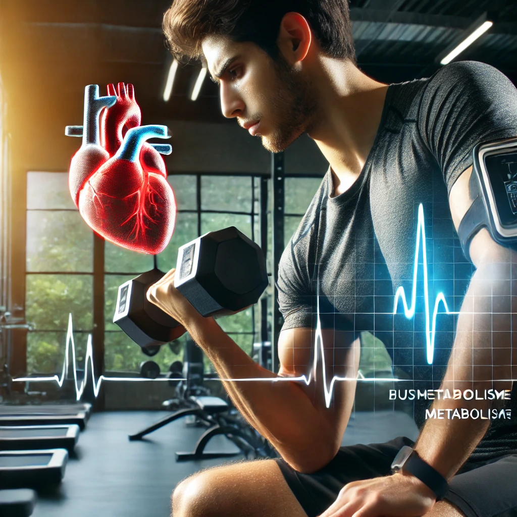 Seorang individu yang bugar berolahraga di gym, mengangkat beban dengan ekspresi fokus. Latar belakang menunjukkan peralatan gym dan simbol monitor detak jantung yang melambangkan kesehatan dan metabolisme. Gambar ini menyampaikan konsep latihan kekuatan untuk meningkatkan metabolisme