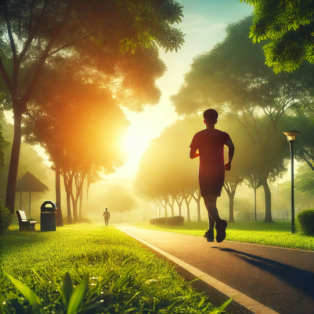 Seseorang sedang jogging di taman pada pagi hari, dengan matahari terbit di latar belakang. Pemandangan menunjukkan pepohonan hijau yang rimbun, jalur yang jelas, dan suasana segar yang menyegarkan. Gambar ini menyampaikan manfaat kesehatan dari lari pagi