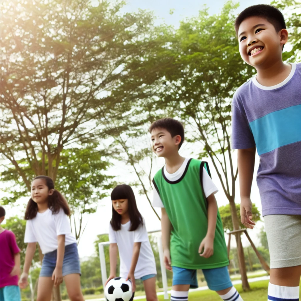 Sekelompok anak-anak bermain sepak bola di taman, tampak bahagia dan penuh semangat. Latar belakang mencakup pepohonan dan langit cerah. Gambar ini menyampaikan manfaat olahraga tim untuk anak-anak, termasuk aktivitas fisik, kerja sama tim, dan interaksi sosial