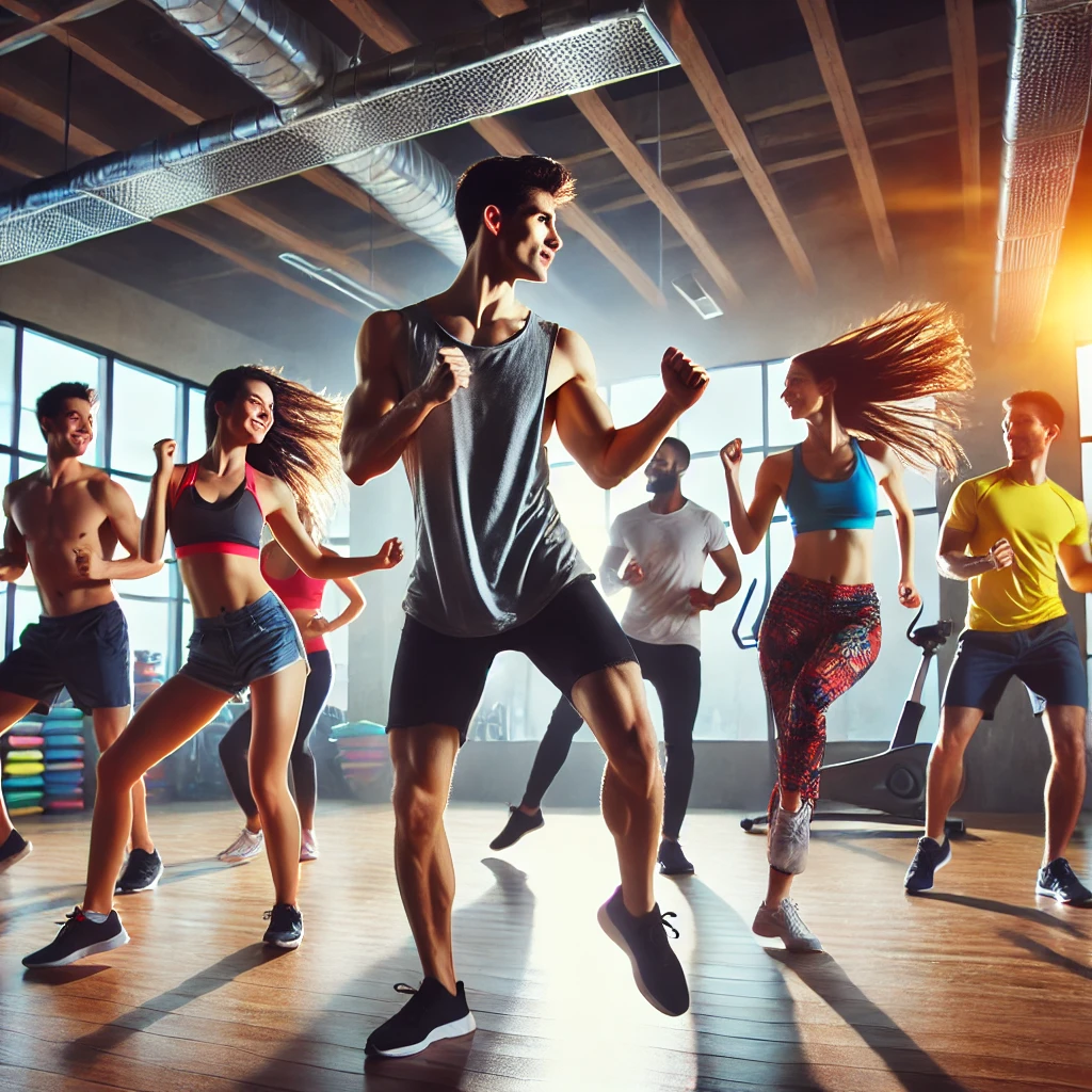 Sekelompok orang di studio kebugaran yang terang benderang, dengan antusias mengikuti kelas Zumba. Instruktur memimpin kelompok dengan gerakan yang energik. Latar belakang mencakup peralatan kebugaran dan cermin. Gambar ini menyampaikan manfaat Zumba untuk kebugaran kardio dan kesehatan secara keseluruhan