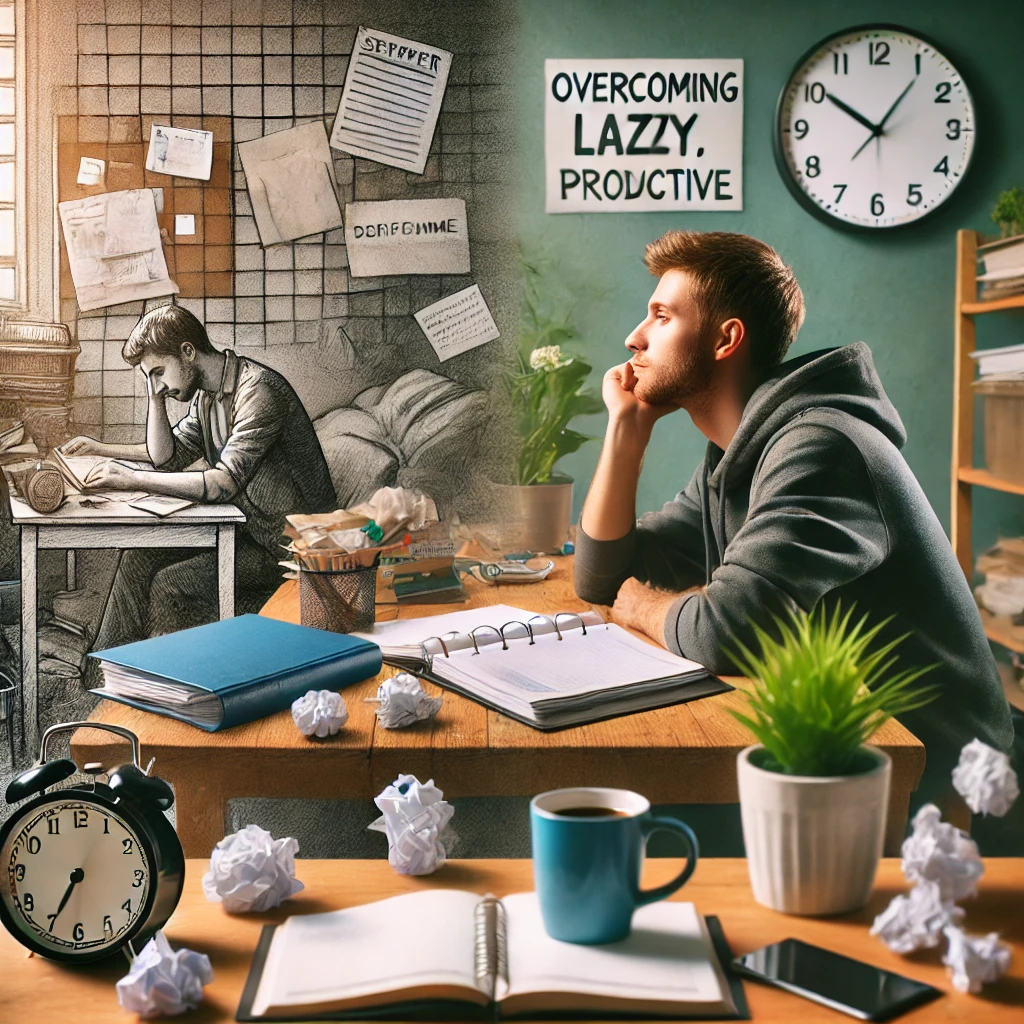 Seseorang duduk di meja, terlihat termotivasi dan fokus, dengan planner, kopi, dan kutipan motivasi di sekitarnya. Latar belakang menunjukkan transisi dari ruang yang berantakan dan kacau menjadi ruang kerja yang bersih dan terorganisir. Gambar ini menyampaikan ide mengatasi rasa malas dan menjadi produktif