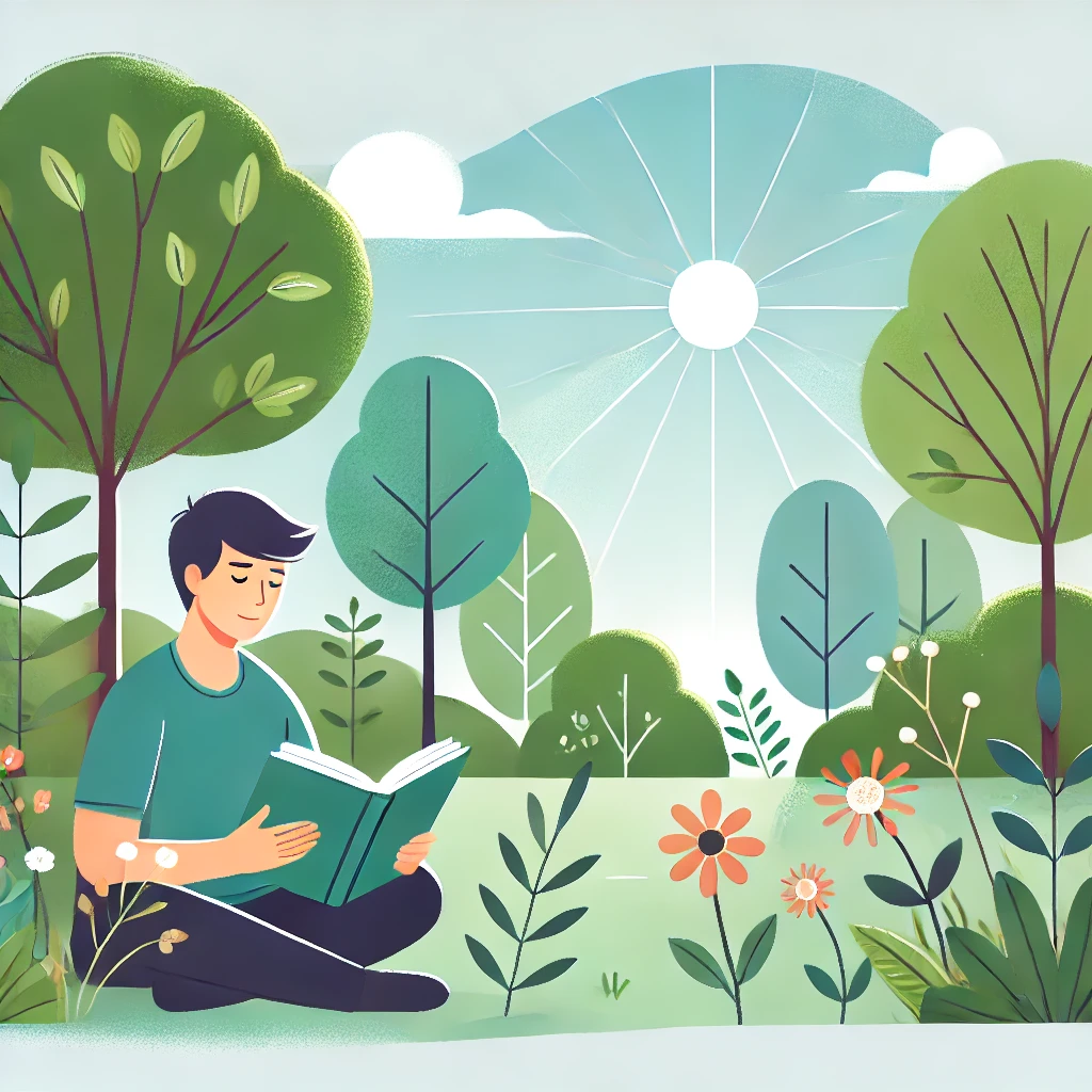Seseorang duduk dengan tenang di taman, dikelilingi oleh alam, membaca buku. Latar belakang menunjukkan pepohonan, bunga, dan sinar matahari. Ekspresi orang tersebut tenang dan puas. Gambar ini menyampaikan ide mengembangkan pola pikir positif melalui relaksasi dan koneksi dengan alam