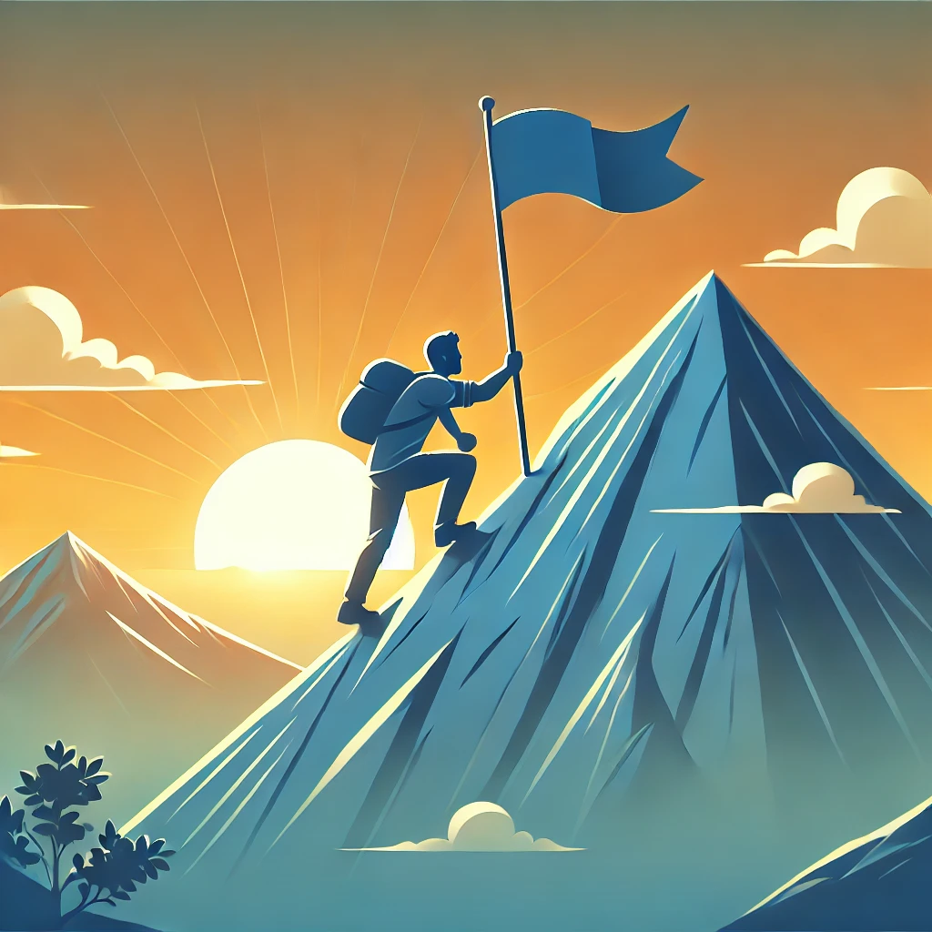 Seseorang sedang mendaki gunung dengan membawa bendera, melambangkan pencapaian tujuan. Latar belakang menunjukkan matahari terbit, menandakan awal yang baru dan harapan. Gambar ini menyampaikan ide untuk menjaga motivasi dan tekad dalam mencapai tujuan