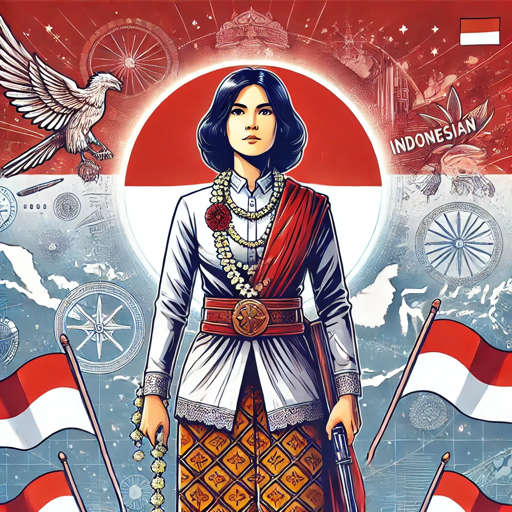 Gambaran seorang pahlawan wanita Indonesia, mengenakan pakaian tradisional, berdiri dengan bangga dengan latar belakang yang menampilkan bendera Indonesia dan simbol-simbol pemberdayaan dan kekuatan. Gambar ini menyampaikan pentingnya dan kebanggaan pahlawan wanita Indonesia