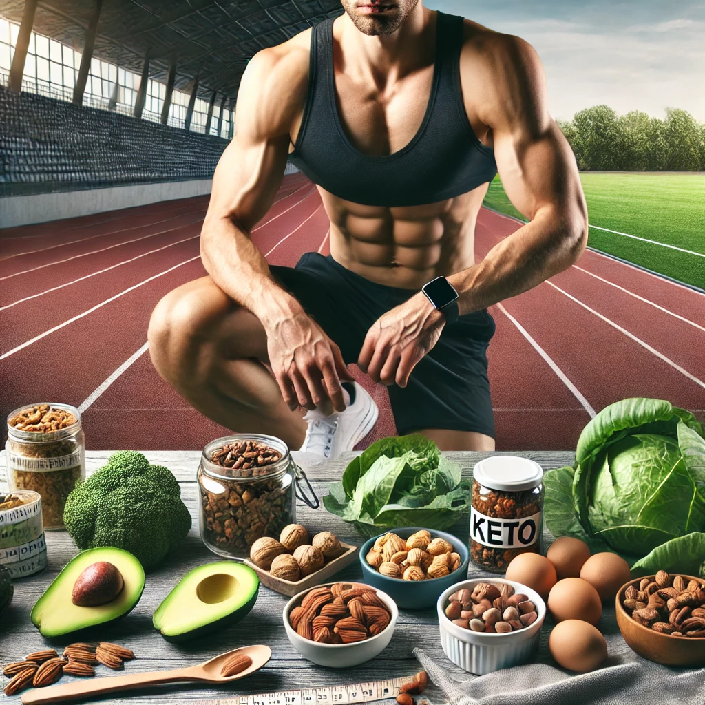 Seorang atlet bugar duduk di meja dengan berbagai makanan ramah keto seperti alpukat, kacang-kacangan, dan sayuran hijau. Latar belakang mencakup peralatan gym dan lintasan lari. Gambar ini menyampaikan ide diet keto yang khusus disesuaikan untuk atlet