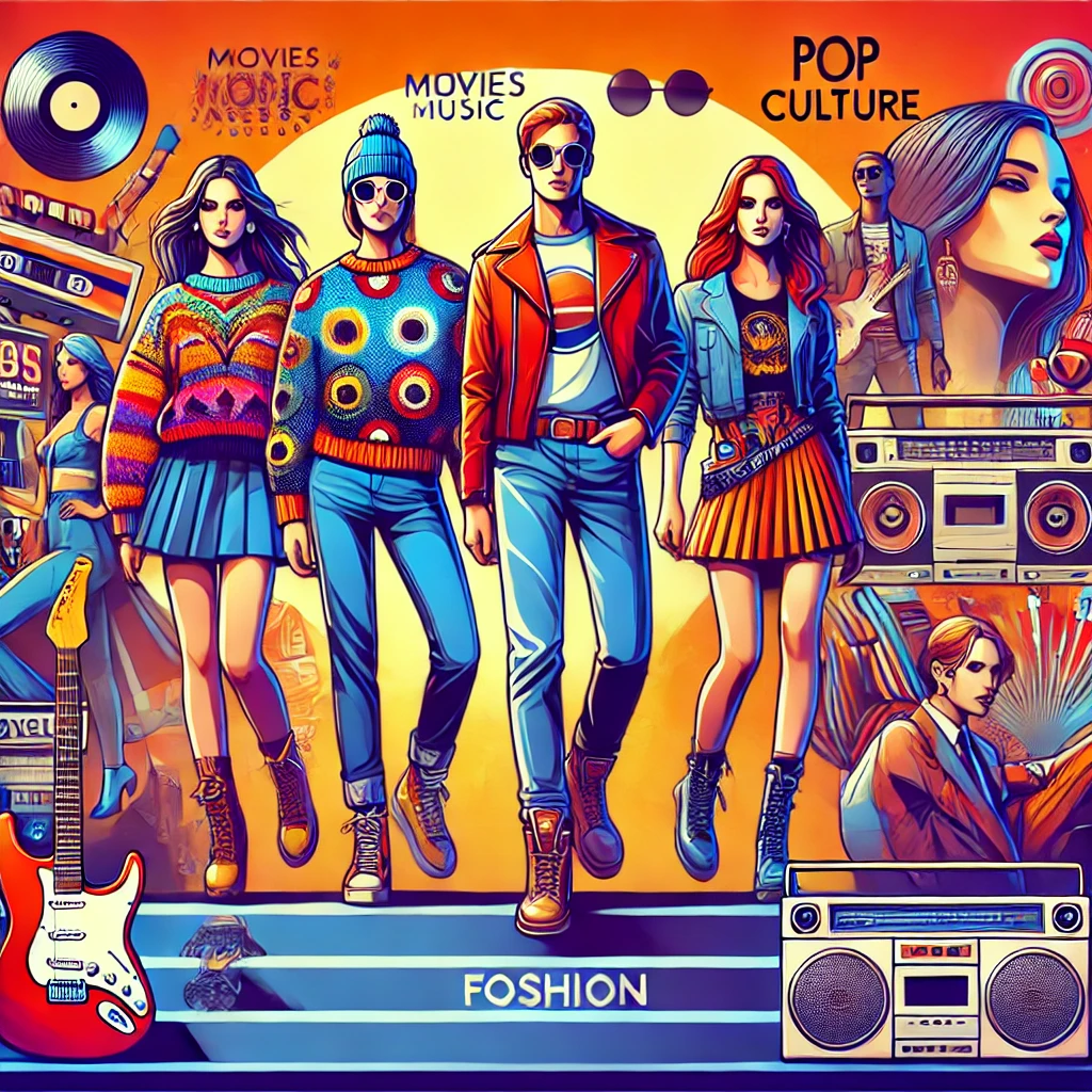 Adegan mode yang bersemangat dengan model yang mengenakan pakaian trendi yang terinspirasi oleh budaya pop. Latar belakang menampilkan elemen dari film, musik, dan simbol budaya pop ikonik. Gambar ini menyampaikan pengaruh budaya pop pada fashion kontemporer