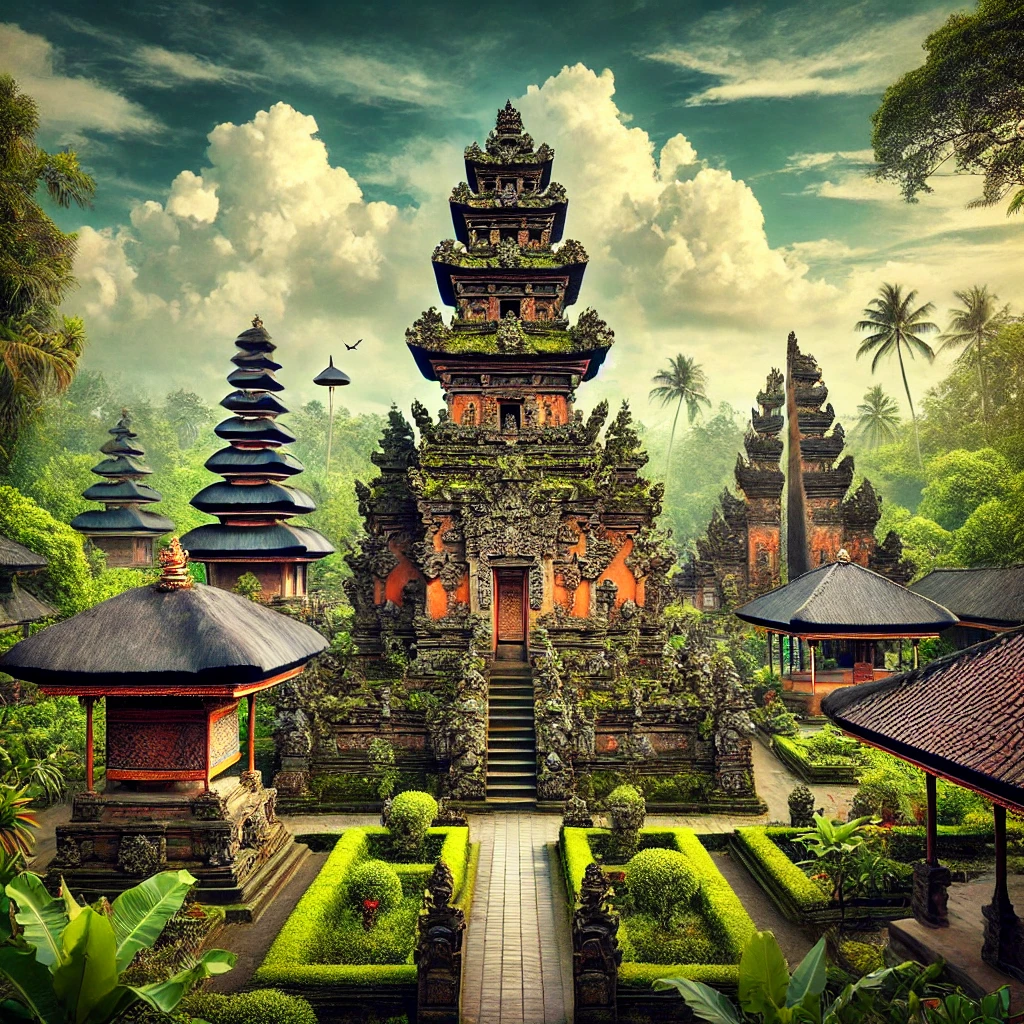 Pemandangan indah sebuah pura kuno di Bali yang dikelilingi oleh pepohonan hijau dan ukiran batu tradisional. Latar belakang menunjukkan langit cerah dengan beberapa awan putih. Gambar ini menyampaikan warisan sejarah yang kaya dan nilai budaya Bali