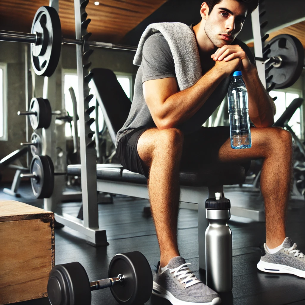 Seseorang sedang beristirahat di bangku di gym, dengan peralatan gym dan beban di latar belakang. Individu tersebut terlihat rileks, memegang botol air dan handuk. Gambar ini menyampaikan pentingnya mengambil istirahat dan beristirahat selama rutinitas latihan