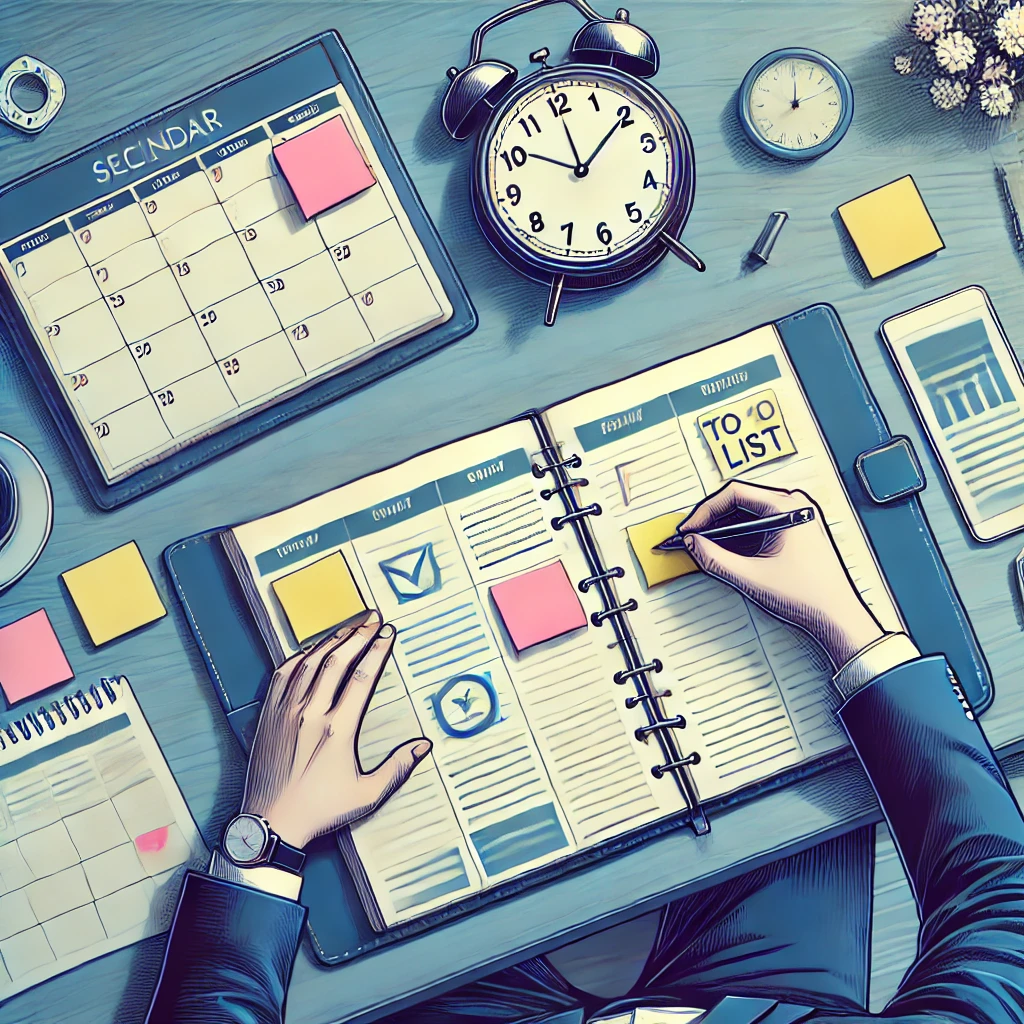 Seorang individu duduk di meja, mengatur tugas-tugas pada sebuah planner dan menggunakan sticky notes. Latar belakang menunjukkan kalender, jam, dan daftar tugas, menekankan pentingnya menetapkan prioritas. Gambar ini menyampaikan ide manajemen waktu yang efektif dan prioritisasi