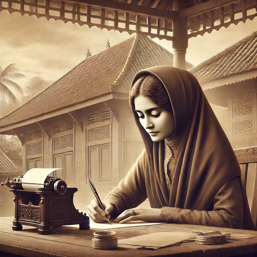 Gambar sejarah R.A. Kartini, seorang tokoh wanita Indonesia yang terkenal, duduk di meja kayu tradisional, menulis dengan pena. Latar belakang menunjukkan suasana sejarah dengan arsitektur tradisional Jawa dan elemen budaya. Gambar ini menyampaikan perjuangan dan kontribusi Kartini terhadap hak-hak wanita dalam sejarah Indonesia