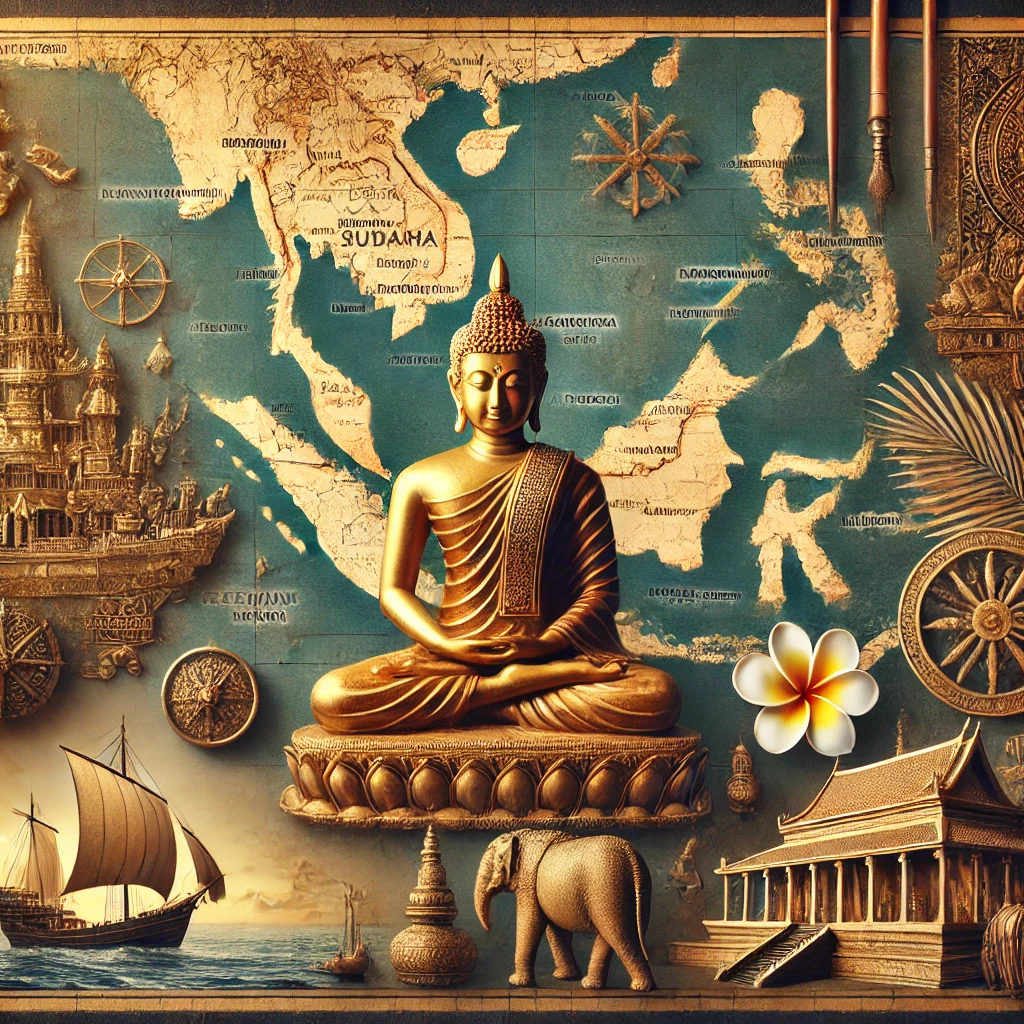 Peta kuno Kerajaan Sriwijaya dengan lokasi-lokasi penting yang disorot. Di latar depan, terdapat patung Buddha emas yang megah, artefak tradisional, dan daun palem. Latar belakang mencakup elemen arsitektur kuno dan lautan, yang melambangkan kekuatan maritim kerajaan ini. Gambar ini menyampaikan kekayaan sejarah dan warisan budaya Kerajaan Sriwijaya