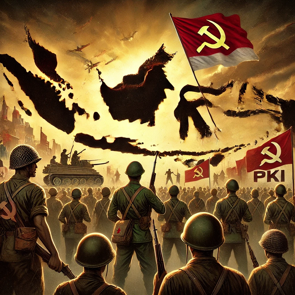 Sebuah adegan sejarah yang menggambarkan pemberontakan G30S/PKI di Indonesia. Gambar ini mencakup tentara, peta Indonesia, dan simbol komunisme seperti palu dan arit. Latar belakang menunjukkan langit dramatis yang mencerminkan ketegangan dan keseriusan peristiwa tersebut. Gambar ini menyampaikan signifikansi historis dan keseriusan pemberontakan G30S/PKI