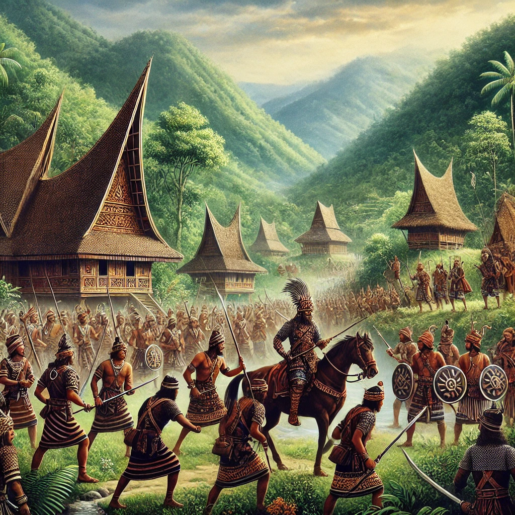 Adegan sejarah yang menggambarkan Perang Padri di Sumatera Barat, menunjukkan para pejuang dengan pakaian tradisional dan senjata, dengan latar belakang perbukitan hijau dan rumah-rumah tradisional Minangkabau. Gambar ini menyampaikan pentingnya sejarah dan konteks budaya Perang Padri
