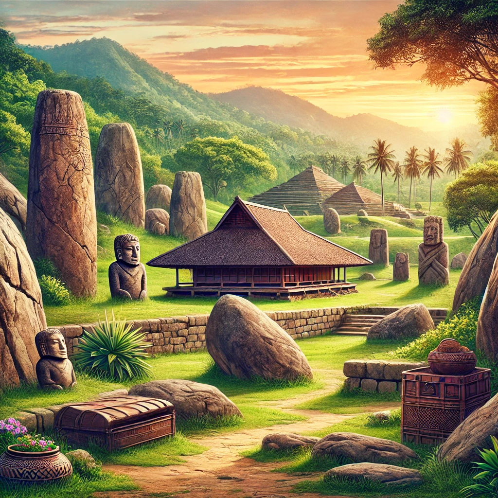 Sebuah situs megalitik kuno di Indonesia dengan struktur batu besar dan ukiran. Pemandangan ini mencakup lingkungan hijau subur, artefak tradisional, dan sedikit kilauan matahari terbenam di latar belakang. Gambar ini menyampaikan makna sejarah dan keindahan alam dari situs megalitik di Indonesia