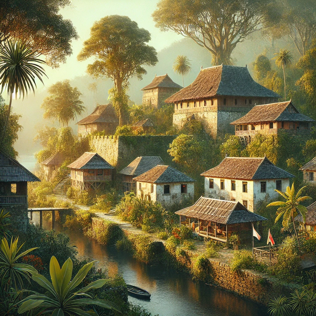 Pemandangan indah dari situs sejarah di Maluku, menampilkan arsitektur tradisional dan kehijauan yang subur. Adegan ini mencakup sebuah benteng atau bangunan kuno dengan dinding batu dan tanaman tropis di sekitarnya. Gambar ini menyampaikan kekayaan sejarah dan warisan budaya Maluku