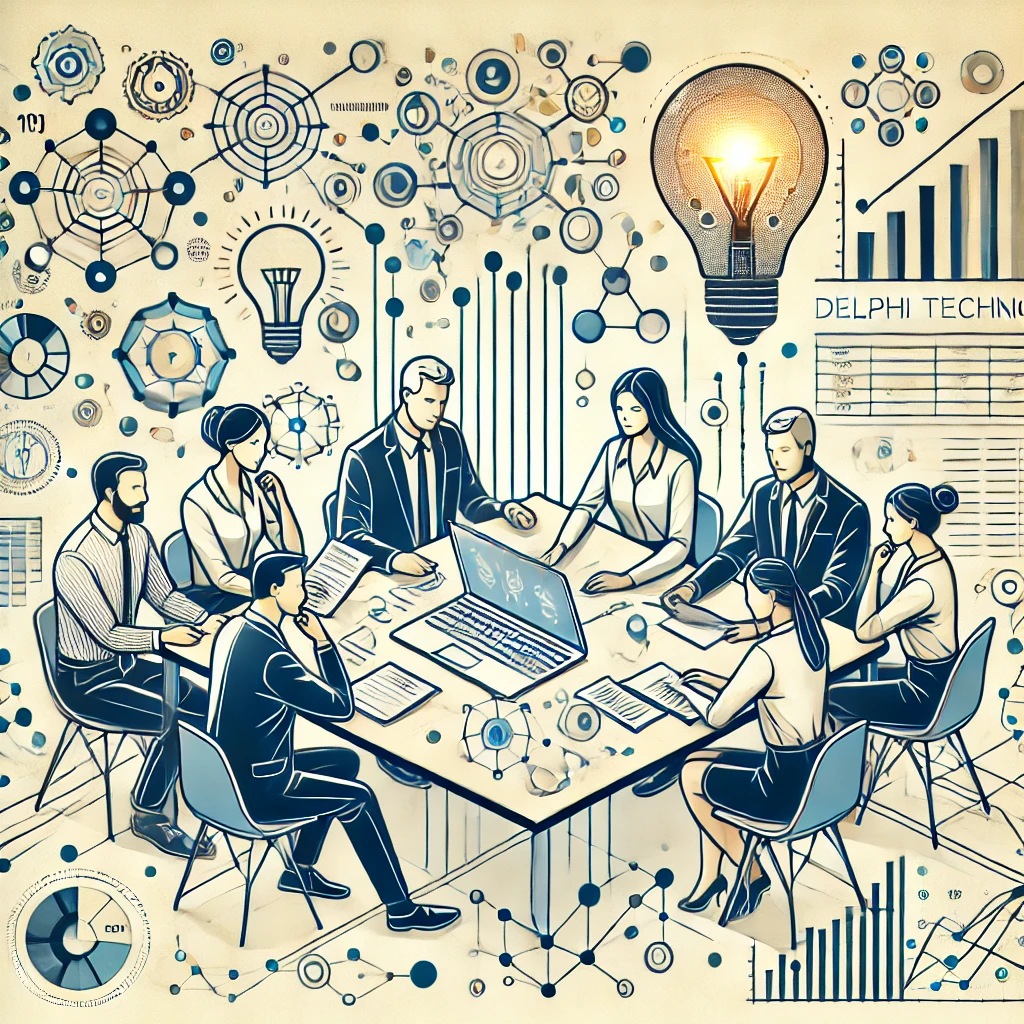 Sekelompok peneliti duduk di sekitar meja, berdiskusi dan berbagi ide dengan kertas, grafik, dan laptop di depan mereka. Latar belakang menunjukkan elemen-elemen terkait penelitian, seperti grafik, bola lampu yang melambangkan ide, dan titik-titik yang terhubung yang mewakili kolaborasi. Gambar ini menyampaikan konsep teknik Delphi dalam penelitian, menekankan kolaborasi dan masukan dari para ahli