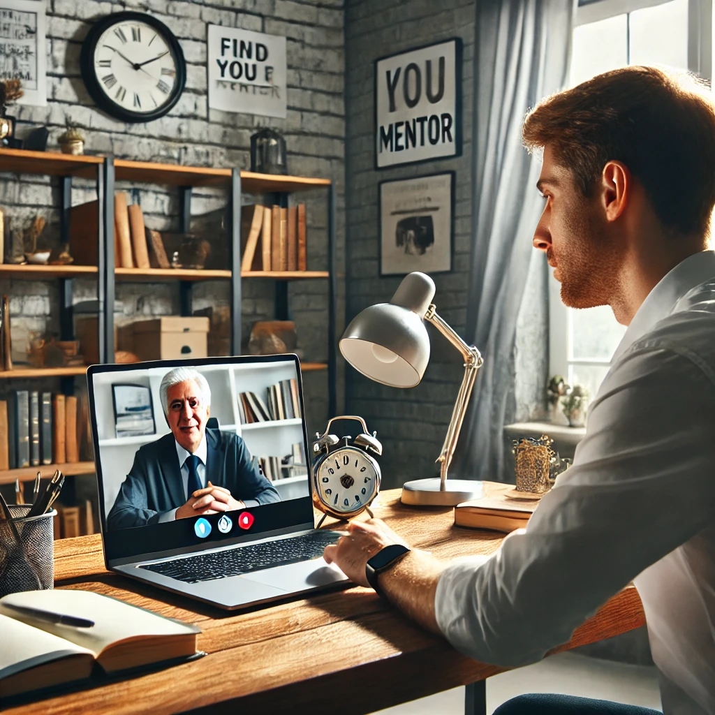 Seseorang duduk di meja, berbicara dengan seorang profesional yang lebih tua melalui panggilan video di laptop. Latar belakang mencakup rak buku dan poster motivasi. Gambar ini menyampaikan ide menemukan mentor yang tepat dan pentingnya bimbingan