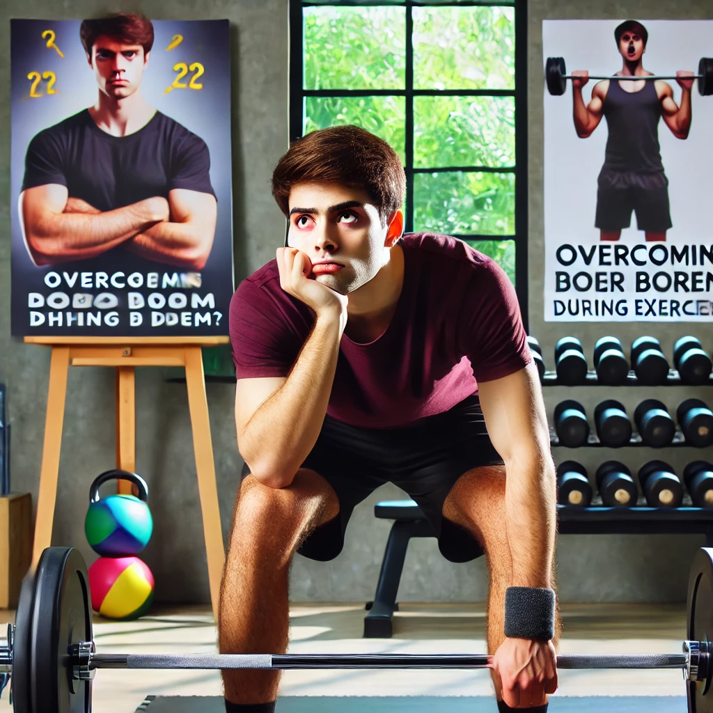 Seseorang sedang berolahraga di gym, terlihat bosan saat mengangkat beban. Latar belakang menunjukkan poster motivasi dan peralatan gym lainnya. Gambar ini menyampaikan ide mengatasi kebosanan selama latihan dengan tips dan motivasi