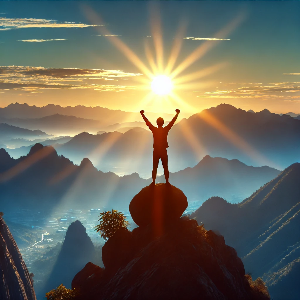 Seseorang berdiri di puncak gunung dengan tangan terangkat dalam kemenangan, memandang matahari terbit. Latar belakang menunjukkan pemandangan indah dengan pegunungan dan langit cerah. Gambar ini menyampaikan ide motivasi diri dan pencapaian tujuan