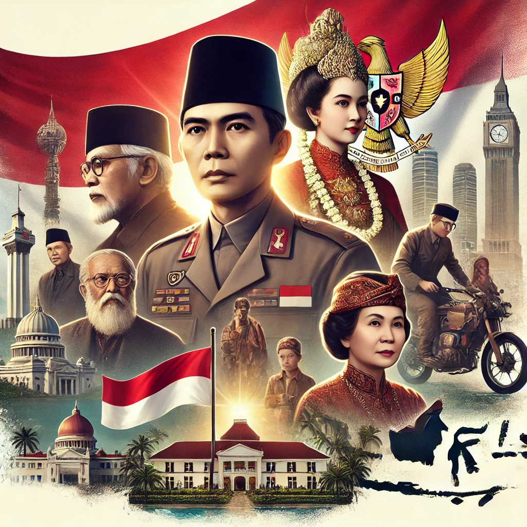 Sebuah kolase tokoh-tokoh sejarah terkenal Indonesia seperti Sukarno, Kartini, dan Diponegoro, dengan latar belakang bendera Indonesia dan landmark bersejarah penting. Gambar ini menyampaikan pentingnya tokoh-tokoh ini dalam sejarah Indonesia