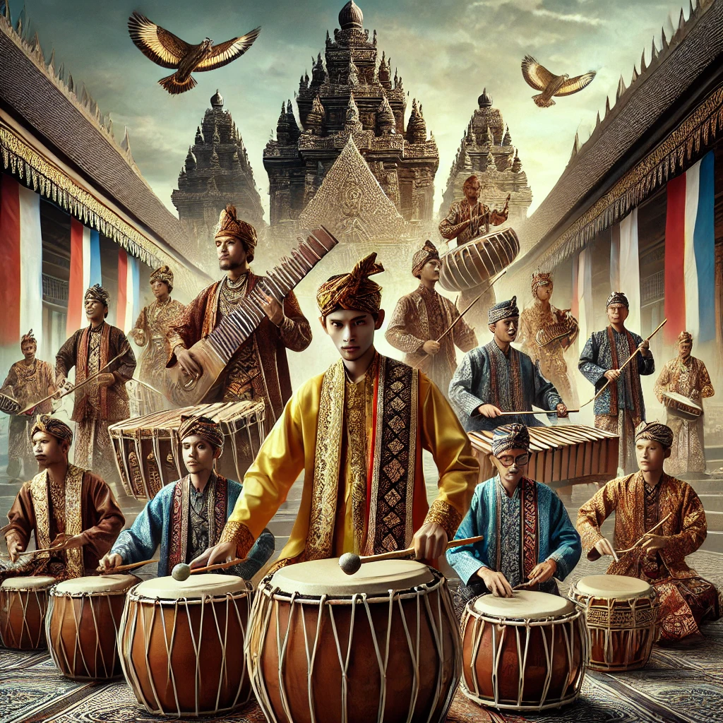 Sekelompok musisi tradisional mengenakan pakaian adat, memainkan alat musik seperti gamelan, angklung, dan drum tradisional di lingkungan luar ruangan dengan latar belakang elemen budaya Indonesia. Gambar ini menyampaikan kekayaan dan warisan musik tradisional di Indonesia