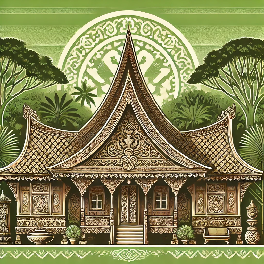 Sebuah rumah adat tradisional Indonesia (Rumah Adat) dengan ukiran rumit dan elemen budaya, berlatar belakang hijau yang subur. Gambar ini mencakup detail arsitektur dan artefak budaya di sekitar rumah, melambangkan warisan budaya yang kaya di Indonesia