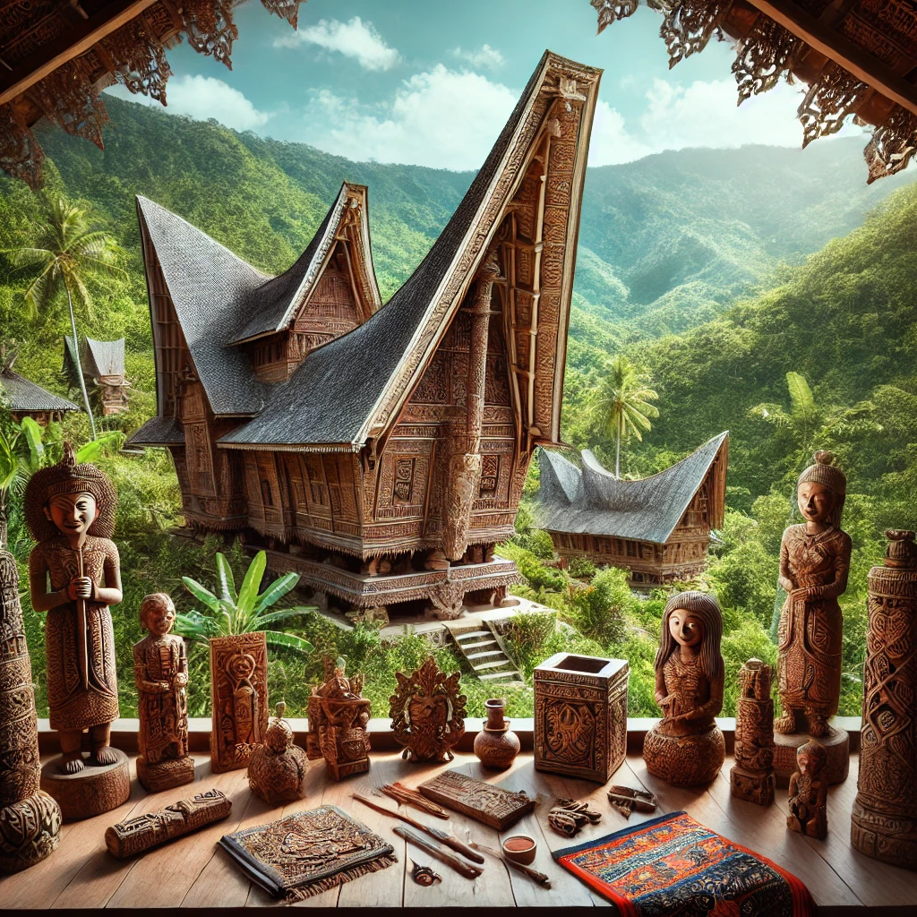 Sebuah rumah tradisional Tana Toraja dengan ukiran yang rumit, dikelilingi oleh perbukitan hijau dan langit biru yang cerah. Di latar depan terdapat artefak budaya seperti patung kayu dan pakaian tradisional. Gambar ini menangkap kekayaan warisan budaya Tana Toraja