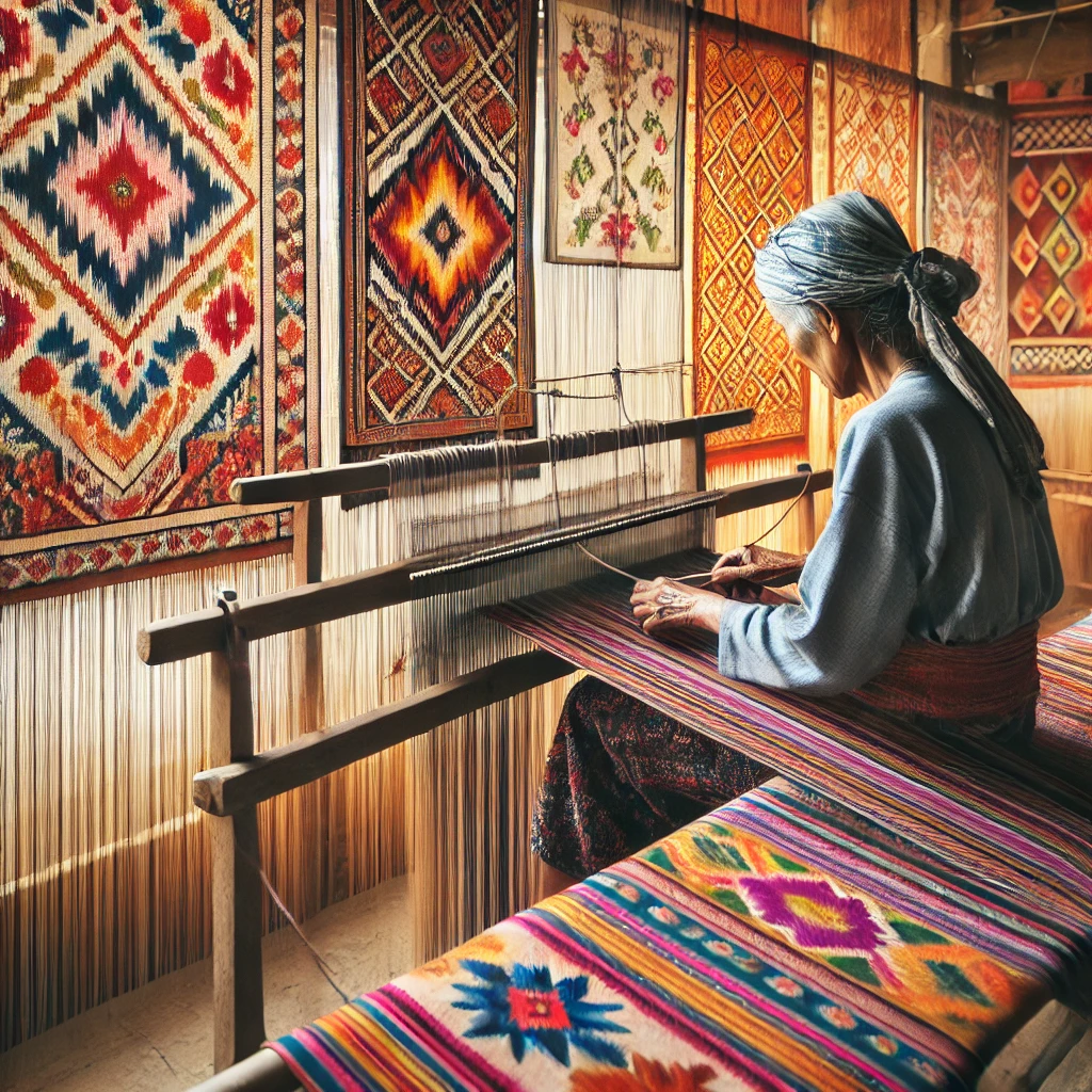 Seorang pengrajin sedang menenun kain ikat tradisional pada alat tenun. Latar belakang menunjukkan pola-pola kain ikat yang berwarna-warni tergantung di dinding. Gambar ini menyampaikan warisan budaya dan keterampilan rumit yang terlibat dalam tenun ikat
