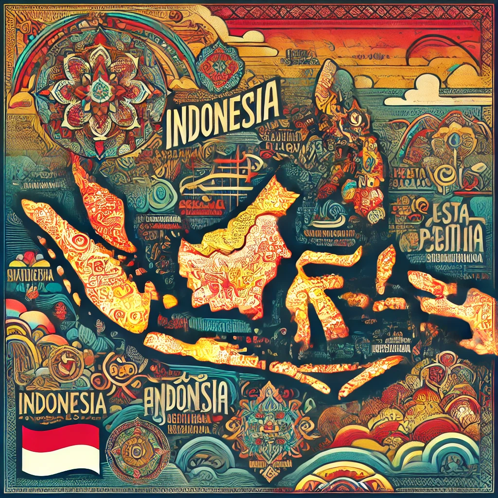 Gambar artistik yang menampilkan keunikan Bahasa Indonesia dengan peta Indonesia yang dihiasi kata-kata dan frasa dalam berbagai aksara tradisional dan font modern. Latar belakangnya berwarna-warni dengan motif budaya yang melambangkan kekayaan warisan Indonesia, menonjolkan keragaman dan keindahan Bahasa Indonesia