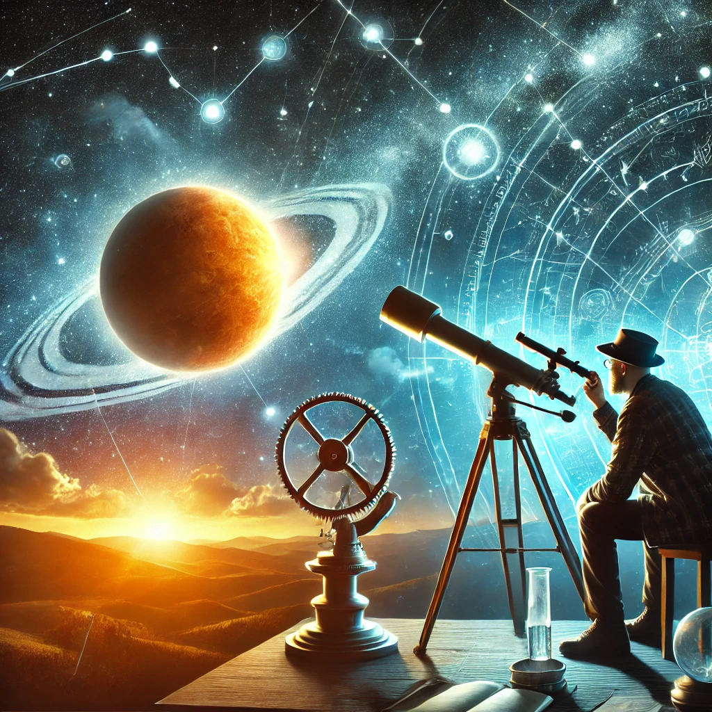 Seorang astronom sedang mengamati langit melalui teleskop, dengan pemandangan bintang-bintang jauh dan sebuah eksoplanet yang mengorbit bintang di latar belakang. Pemandangan ini mencakup instrumen ilmiah dan peta langit. Gambar ini menyampaikan proses mendeteksi eksoplanet dan alat yang digunakan dalam astronomi